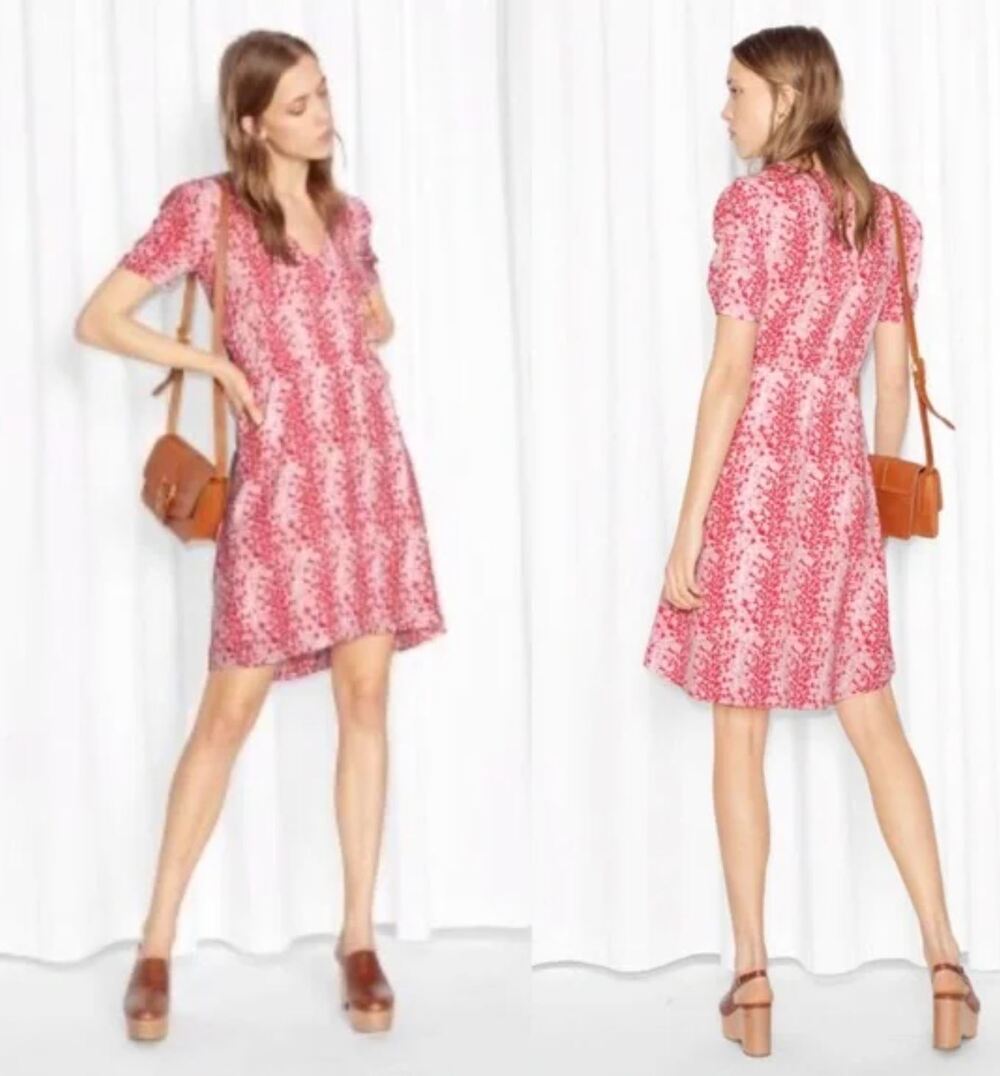 & Other Stories Knee Length Dress US 8‎ Pink Red Coral Reef Print Coconut Girl
